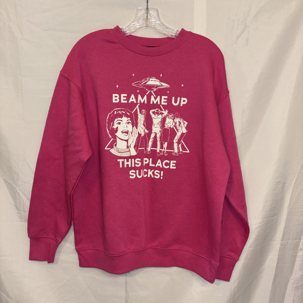 STRANGER THINGS Pink Sweatshirt - Beam Me Up This Place Sucks NWT Small